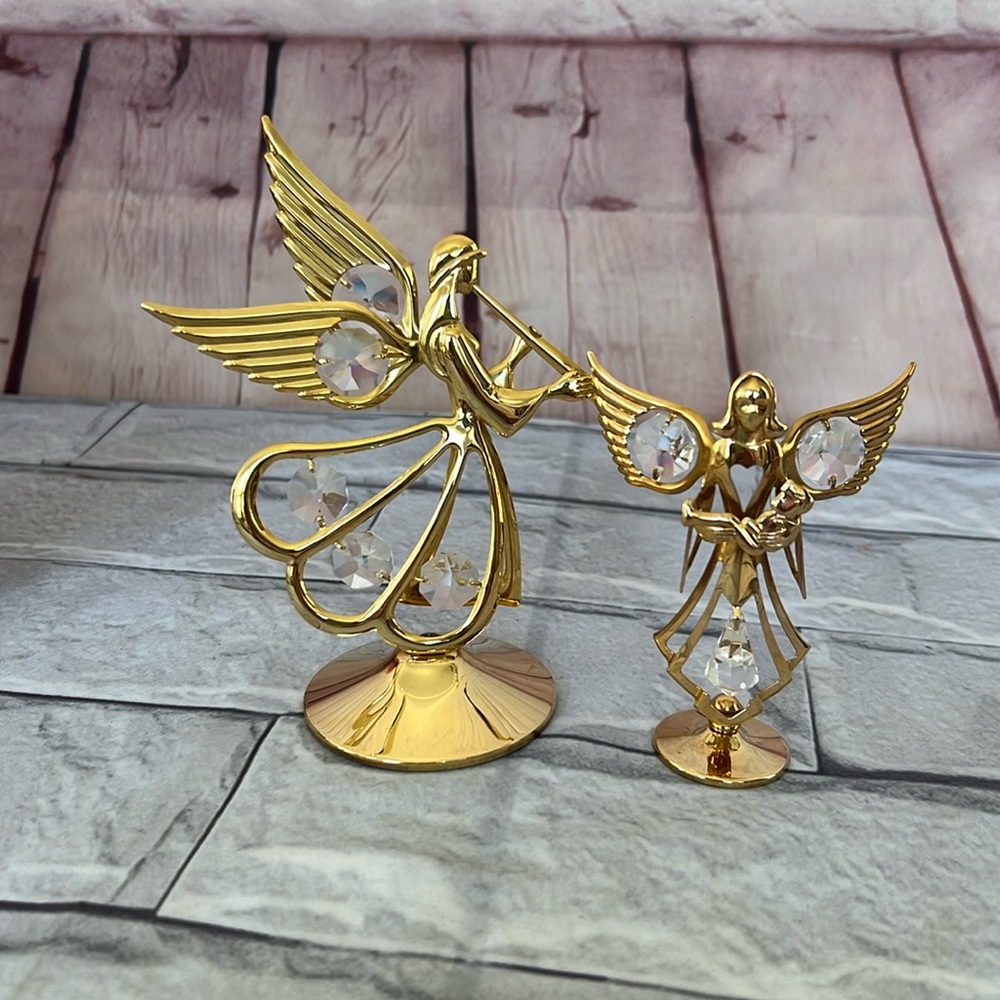 Vintage Austrian crystal 24K plated Angel blowing horn figurines mascot set of 2